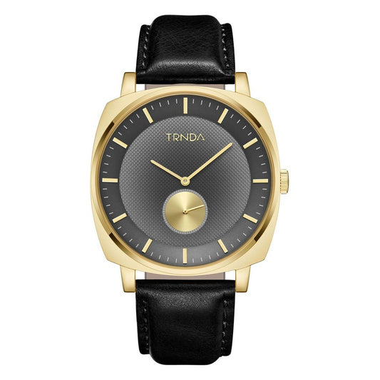 Trnda Men's Gold Stainless Steel Watch, Black Leather Band | Trn-Ss45-0