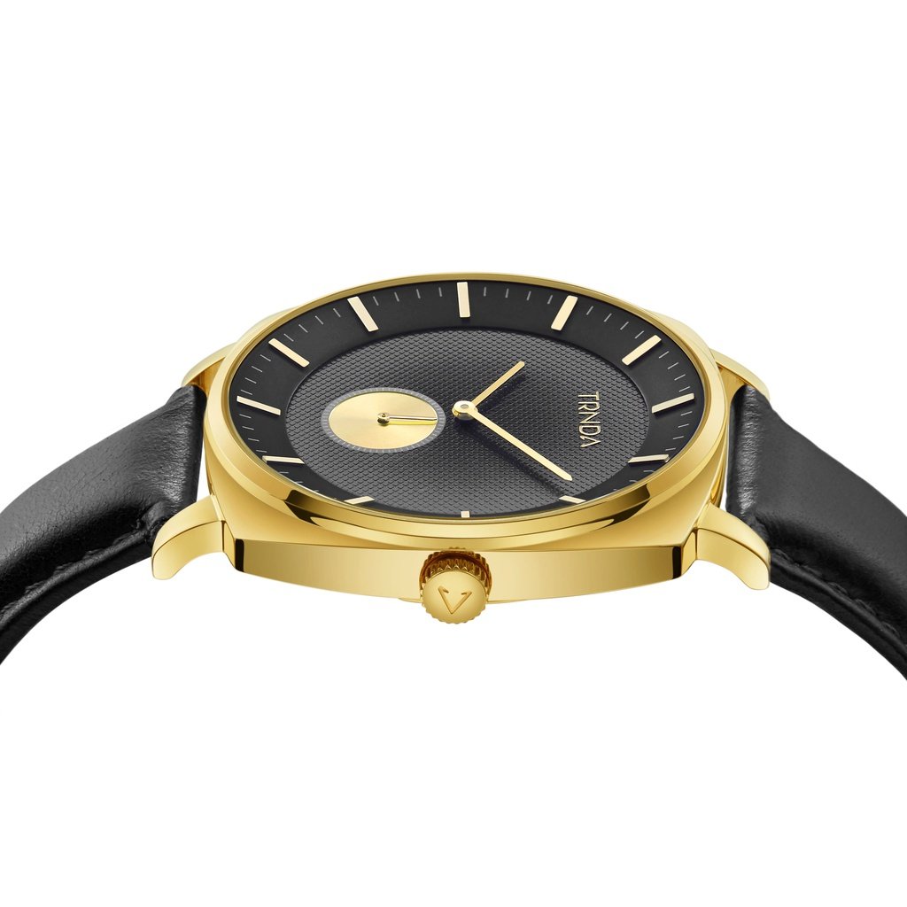 Trnda Men's Gold Stainless Steel Watch, Black Leather Band | Trn-Ss45-2