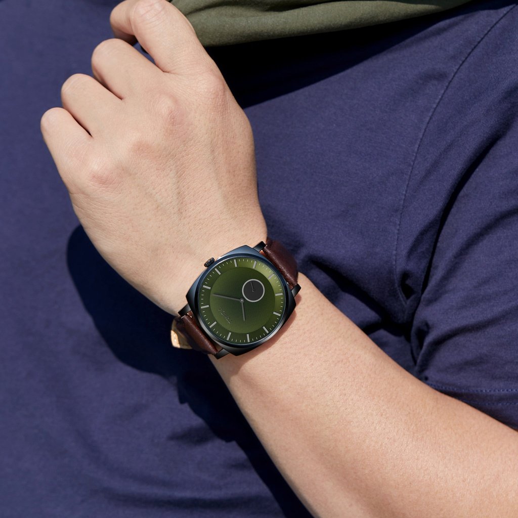 Trnda Men's Stainless Steel Black Watch, Brown Leather | Trn45bdg-1