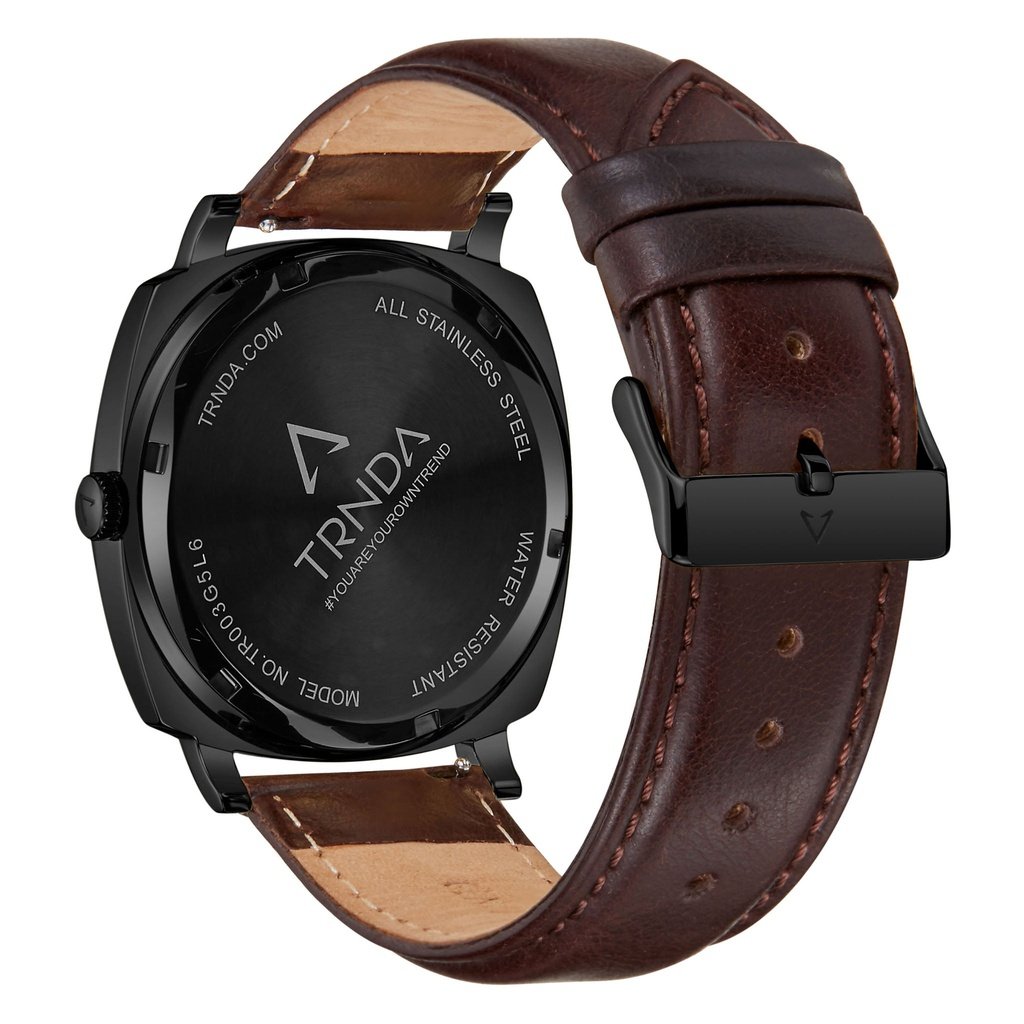 Trnda Men's Stainless Steel Black Watch, Brown Leather | Trn45bdg-3