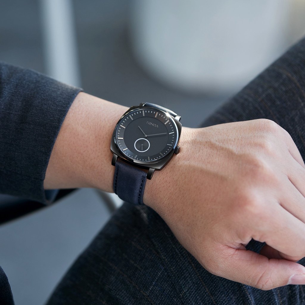 Trnda Men's Black Stainless Steel Watch, Blue Leather Band | Trndbk45-1