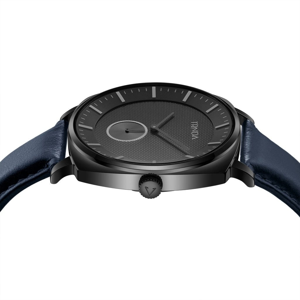 Trnda Men's Black Stainless Steel Watch, Blue Leather Band | Trndbk45-2