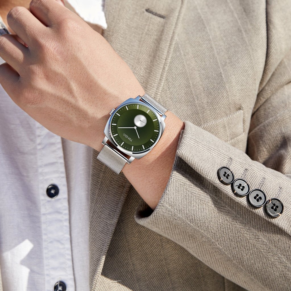 Trnda Men's Silver Stainless Steel Watch, Seaweed Green Dial | Trn45mm-1
