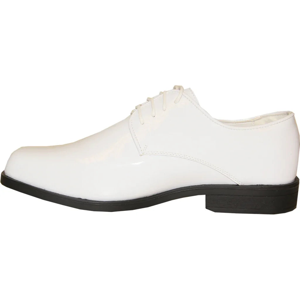 Men's patent leather Oxford dress shoes by Tux-USA, polished black formal footwear with sleek design and lace-up closure.