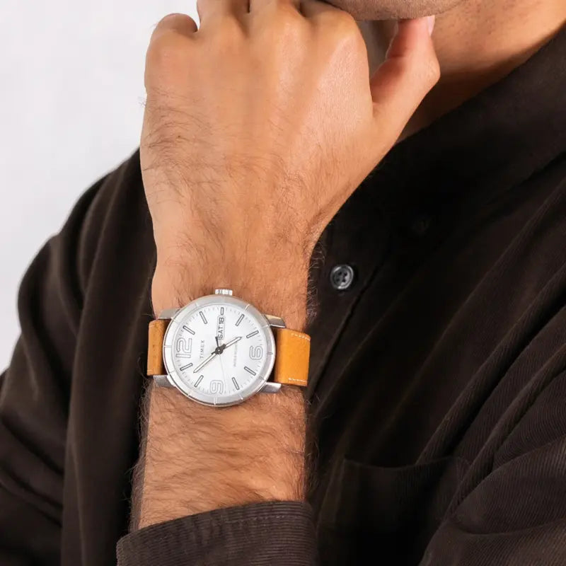 Timex Men's Tan Leather Watch, White Dial | Tw2r64100-3
