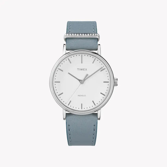 Timex Women's Blue Leather Watch, White Dial | Tw2r70300-0