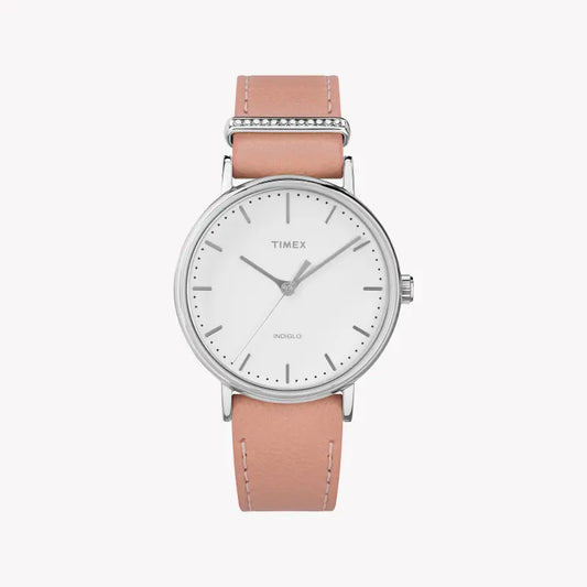 Timex Women's Pink Leather Watch, White Dial | Tw2r70400-0
