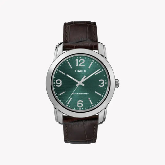 Timex Men's Brown Leather Watch, Green Dial | Tw2r86900-0