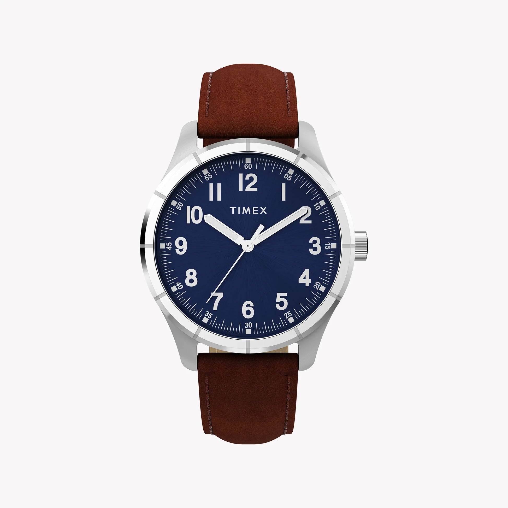 Mens Main Street Silver Tone Case Brown Strap Blue Dial Watch | TW2Y16200-0