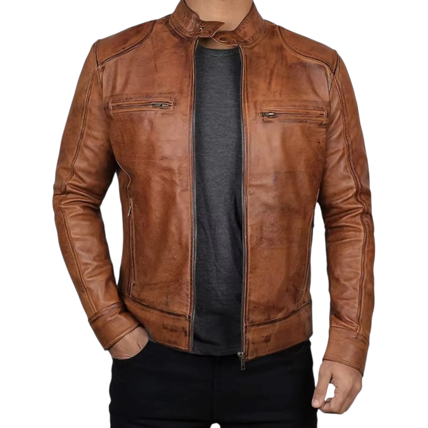 Men’s Tan Brown & Black Fashion Leather Jacket-1