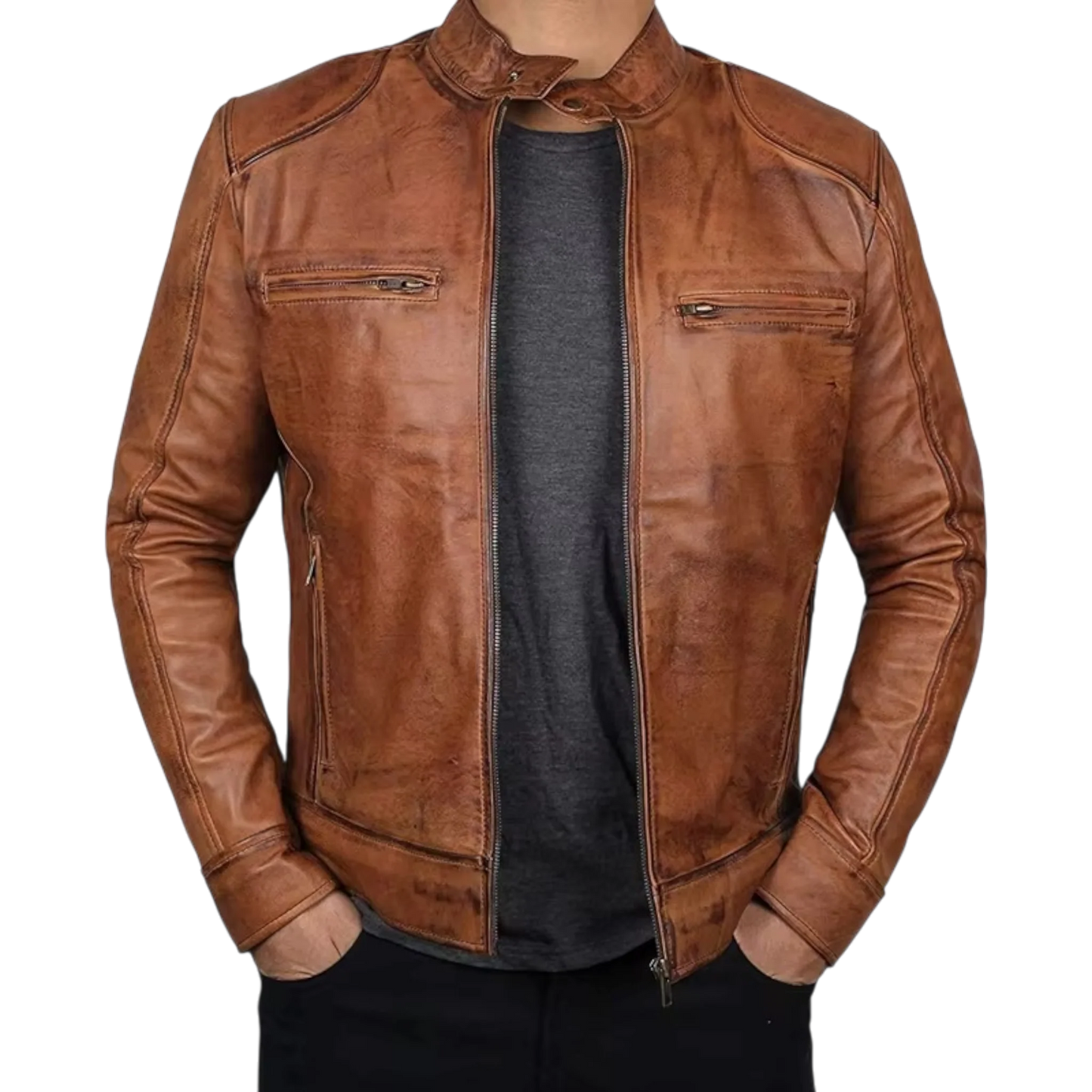 Men’s Tan Brown & Black Fashion Leather Jacket-0