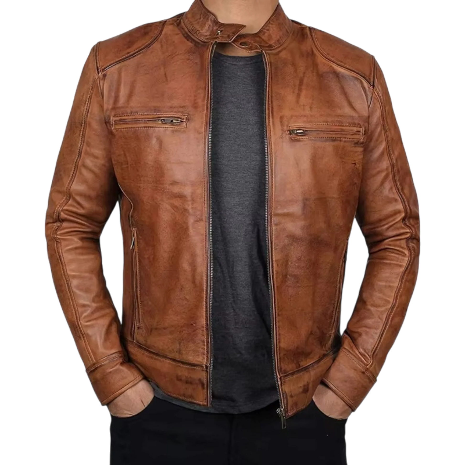 Men’s Tan Brown & Black Fashion Leather Jacket-0