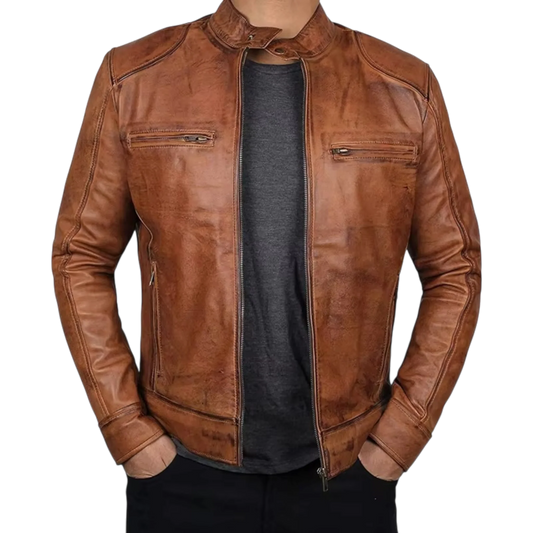 Men’s Tan Brown & Black Fashion Leather Jacket-0