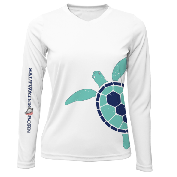 White women's long sleeve sun shirt with turtle print, UPF 50+ protection, by Saltwater Born, shown from the front.