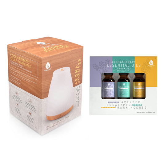 Pursonic Aromatherapy 2 in 1 USB Diffuser & Essential Oil Set-Ultrasonic Top 3 Oils-300ml with 2 Mist Settings 7 Ambient Light Settings-0