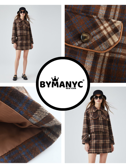 Women's wool plaid jacket and mini skirt set by BYMANYC New York, stylish new arrivals perfect for fall fashion.