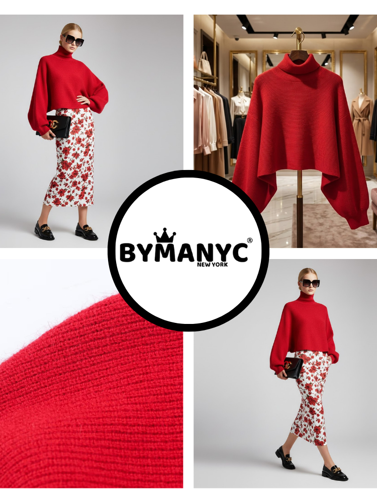 Red Knit Sweater with Peris Neck and Puff Sleeves • BYMANYC ® New York-2