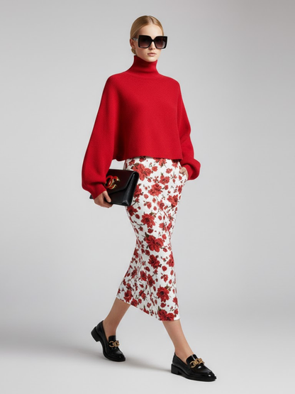 Red Knit Sweater with Peris Neck and Puff Sleeves • BYMANYC ® New York-1