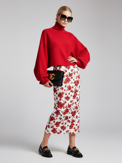 Red Knit Sweater with Peris Neck and Puff Sleeves • BYMANYC ® New York-0
