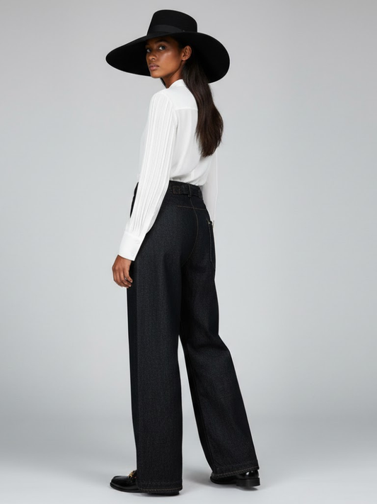 Wide-Leg Denim Trousers with Back Buckle Detail • BYMANYC ® New York-1