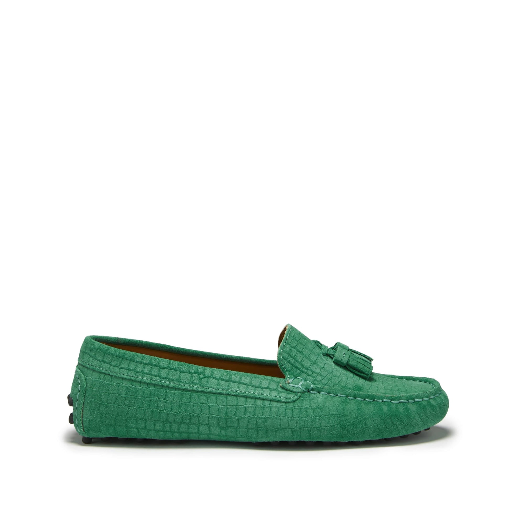 Women's Tasselled Driving Loafers, emerald embossed suede-0