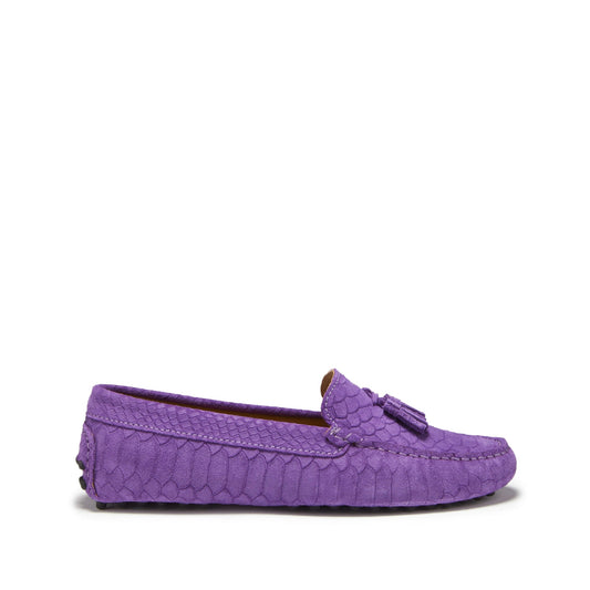 Women's Tasselled Driving Loafers, purple embossed suede-0