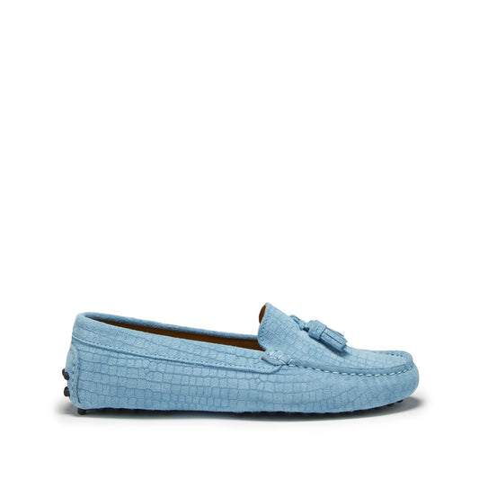 Women's Tasselled Driving Loafers, blue embossed suede-0