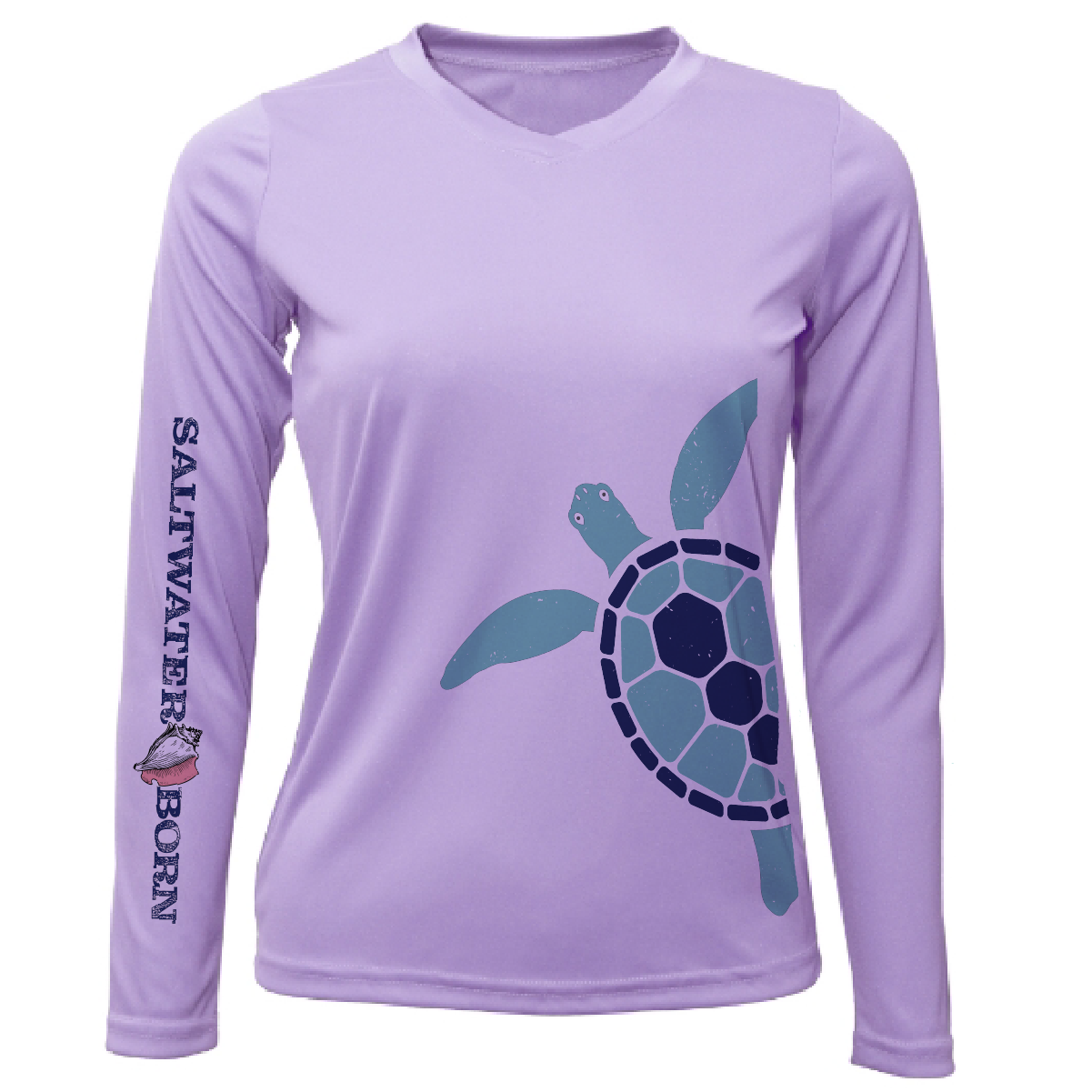 Women's long sleeve sun shirt with turtle print, UPF 50+ protection by Saltwater Born, lilac color, front view.