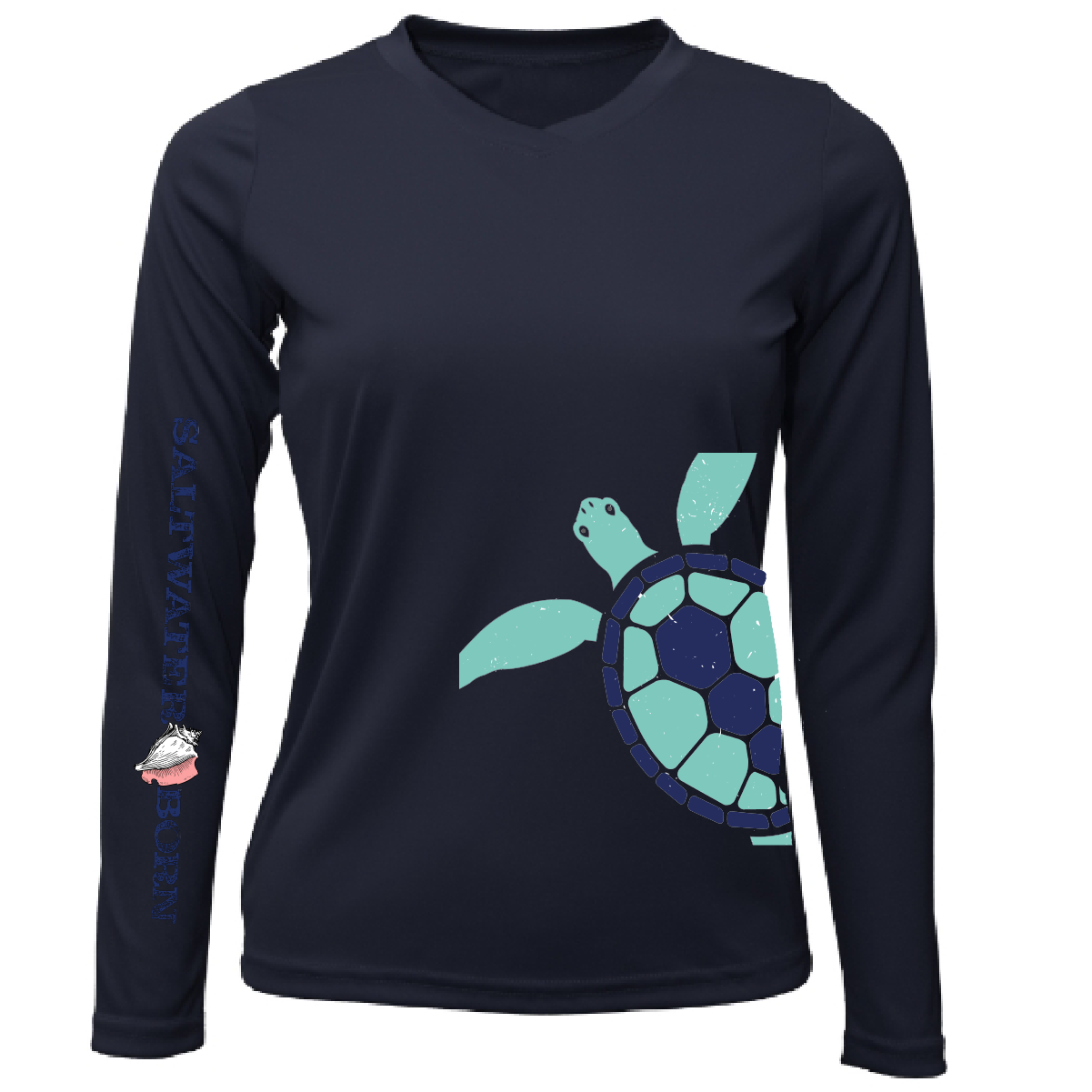 Women's long sleeve sun shirt by Saltwater Born with turtle print and UPF 50+ sun protection, navy color, front view.