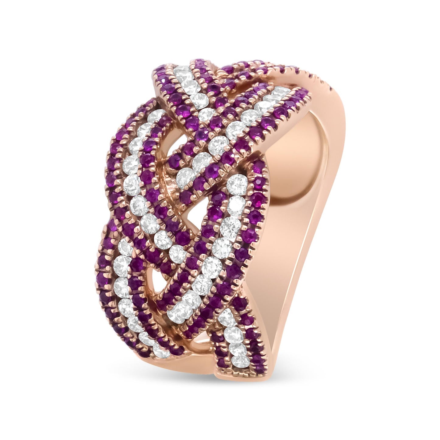 18K Rose Gold Red Ruby and 7/8 Cttw Diamond Woven Braided Band Ring (F-G Color, VS1-VS2 Clarity)-4