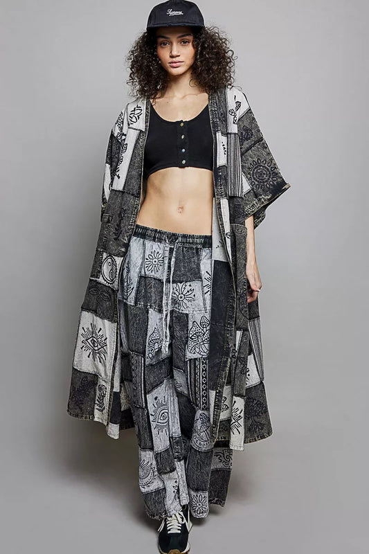 POL Open Front Printed Patchwork Longline Cardigan-1