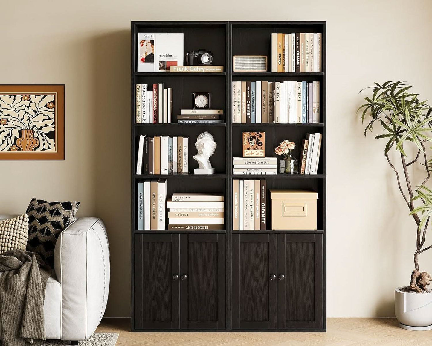 Black Six Tier Floor Standing Bookshelf With Doors-1