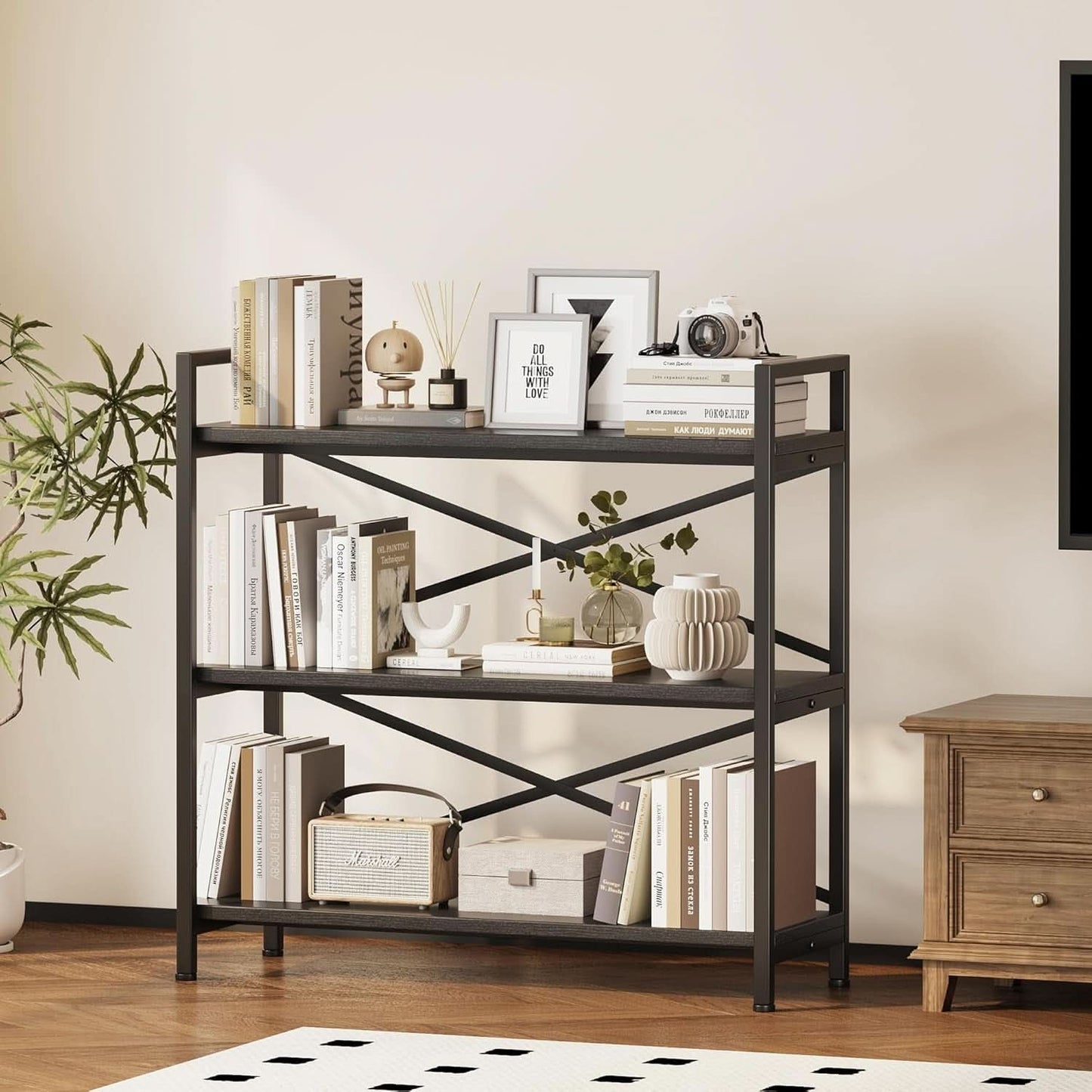 3 Tier Bookshelf 31 Inch Width Wood And Metal Etagere Black-1