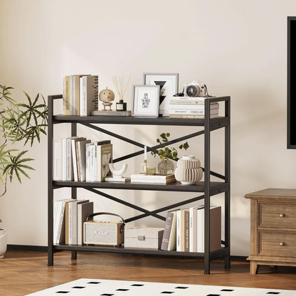 3 Tier Bookshelf 31 Inch Width Wood And Metal Etagere Black-1