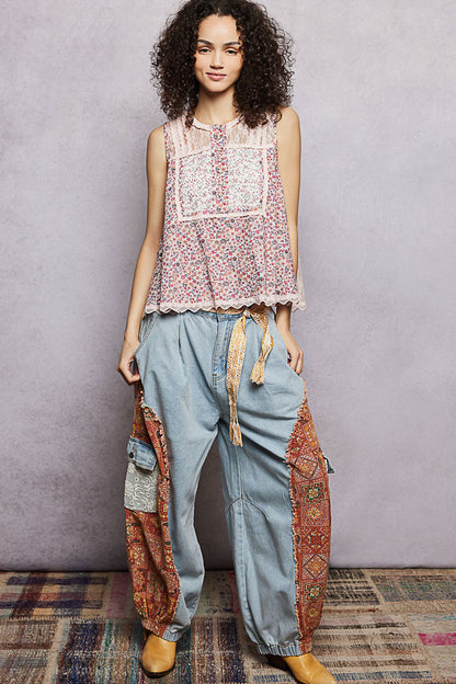 POL Printed Woven Lace Back Round Neck Sleeveless Top-4