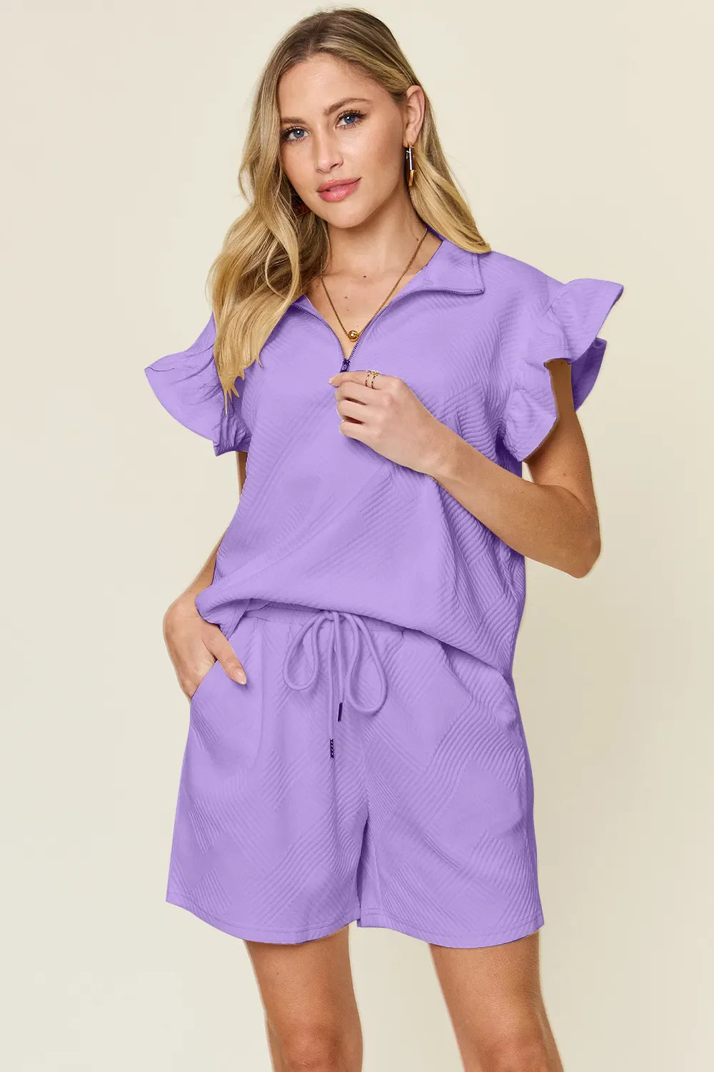 Double Take Full Size Texture Flounce Sleeve Top and Drawstring Shorts Set-9
