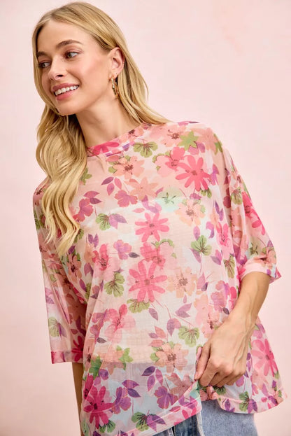BiBi Floral Print Short Sleeves Boxy Mesh Top-2