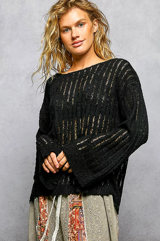 POL Round Neck Long Sleeve Open Weave Sweater-1