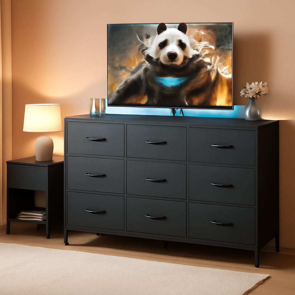 Black Dresser TV Stand 55 Inch With LED Lights And Charging Station-0