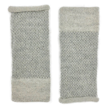 Pair of gray two-tone alpaca fingerless gloves laid flat, speckled knit with a solid pale gray band at the cuff