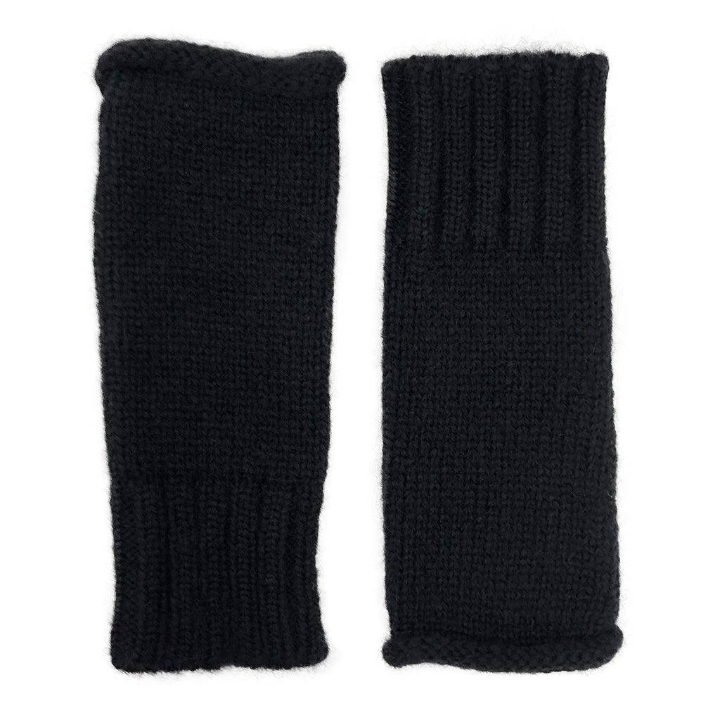 Pair of black knit fingerless gloves laid flat, smooth body with a rolled top edge and a ribbed cuff