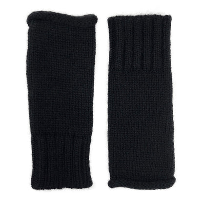 Pair of black knit fingerless gloves laid flat, smooth body with a rolled top edge and a ribbed cuff