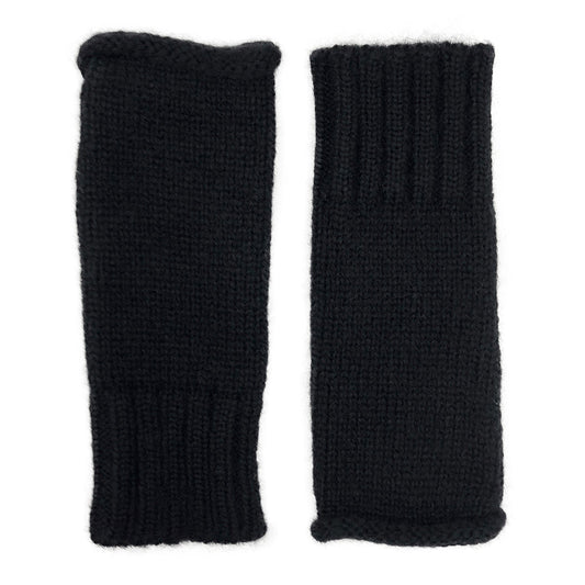 Pair of black knit fingerless gloves laid flat, smooth body with a rolled top edge and a ribbed cuff