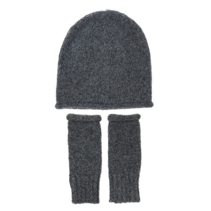 Charcoal beanie laid flat above a pair of matching charcoal fingerless gloves on white