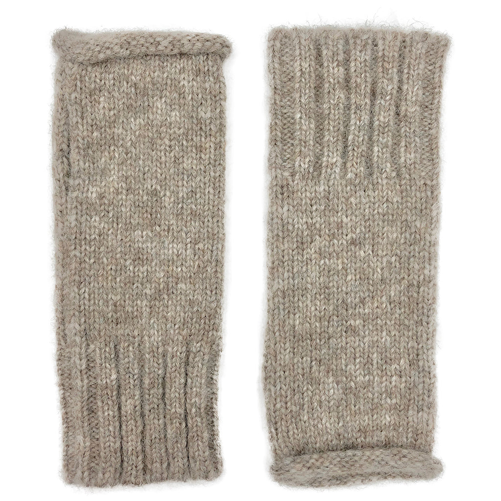 Pair of oatmeal beige knit fingerless gloves laid flat, flecked yarn with a rolled edge and a ribbed cuff
