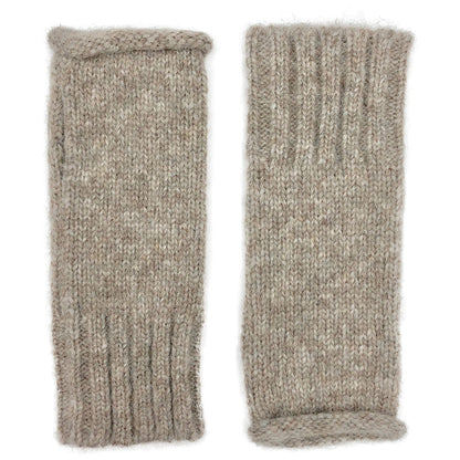 Pair of oatmeal beige knit fingerless gloves laid flat, flecked yarn with a rolled edge and a ribbed cuff
