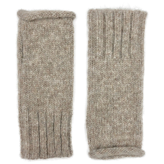 Pair of oatmeal beige knit fingerless gloves laid flat, flecked yarn with a rolled edge and a ribbed cuff