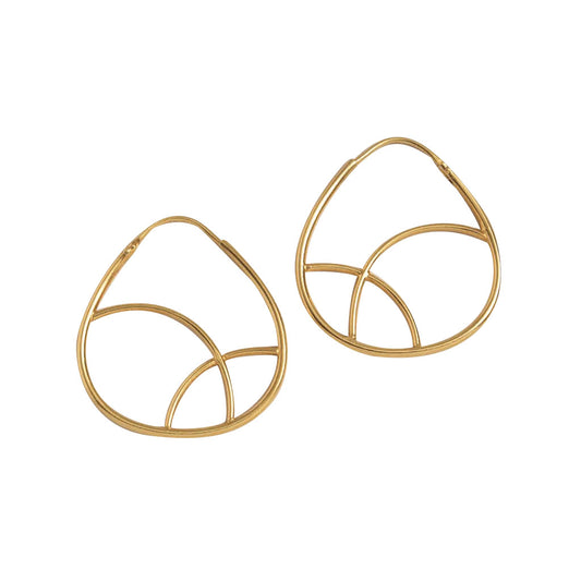 Geometric gold plated hoop earrings, a rounded teardrop outline with two inner arcs, on white