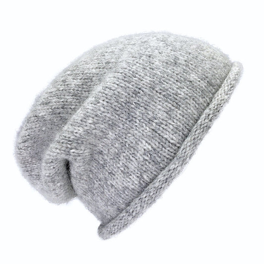 Heather gray slouchy beanie with a rolled brim, shown from the side on white