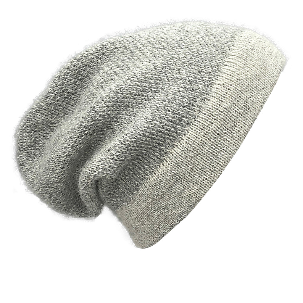 Gray alpaca hat seen from the side, a two-tone speckled knit with a solid light gray brim band